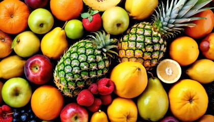  a pile of assorted fruits including pineapples, oranges, apples, bananas, and kiwis on a bed of oranges and strawberries.
