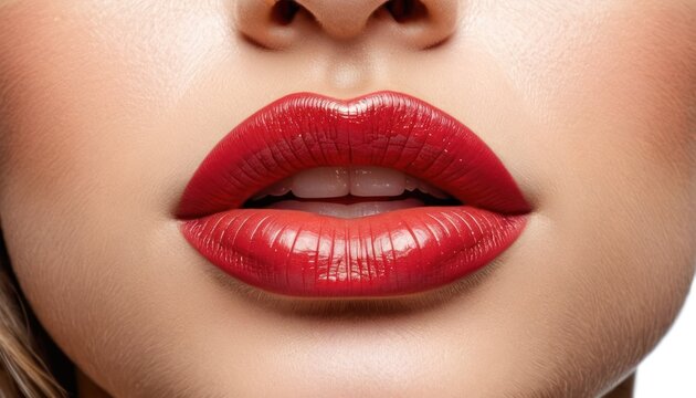  a close up shot of a woman's lips with a red lipstick shade on top of her lip and bottom half of her face to the other half of her face.