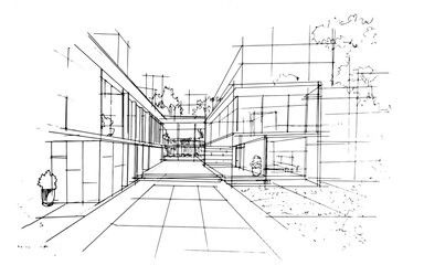 Line drawing of an architectural residential building. , Graphic assembly in architecture and interior design work. ,Sketch ideas for interior or exterior designs.