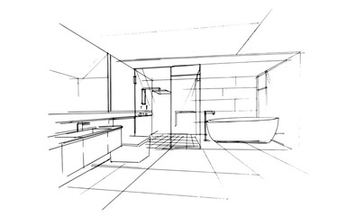 Line drawing of a residential bathroom. , Graphic assembly in architecture and interior design work. ,Sketch ideas for interior or exterior designs.