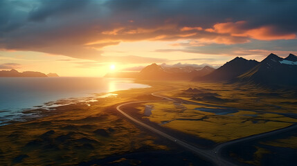 Scenic road in Iceland beautiful nature landscape aerial panorama mountains and coast at sunset,,
Road by the sea in sunrise time, Lofoten island, Norway