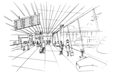 Line drawing of airport passenger arrival and departure terminals. , Graphic assembly in architecture and interior design work. ,Sketch ideas for interior or exterior designs.
