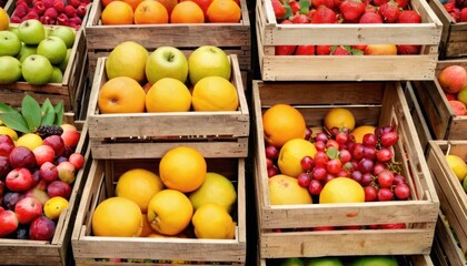  a pile of wooden crates filled with lots of different types of fruit next to a pile of oranges, apples, lemons, strawberries, and raspberries.