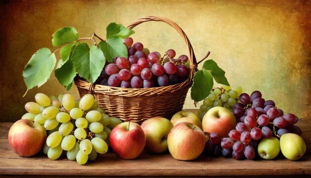  a painting of a basket of grapes, apples, and grapes next to a bunch of grapes and a bunch of apples on a table with green leaves on it.