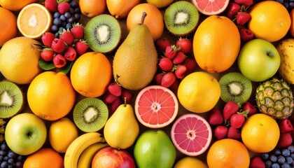  a pile of fruit including oranges, kiwis, bananas, strawberries, grapes, pineapples, kiwis, and watermelon.