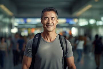 Fototapeta premium Portrait of a grinning asian man in his 40s sporting a breathable mesh jersey against a bustling airport terminal background. AI Generation