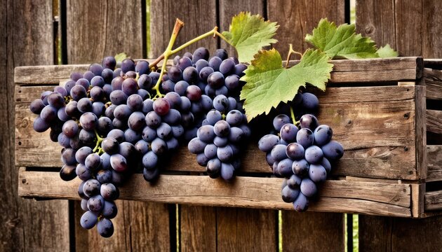  a bunch of grapes sitting on top of a wooden crate next to a leafy green leafy plant on a wooden fence with a wooden fence in the background.