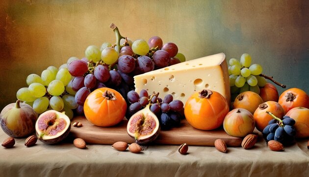  a painting of grapes, oranges, and a piece of cheese on a wooden cutting board with nuts and grapes on a tablecloth with a piece of cheese on it.