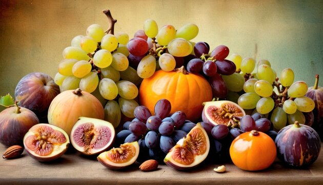  a painting of a bunch of grapes, figs, and oranges on a table with a pumpkin in the middle of the picture and a pumpkin in the middle of the picture.