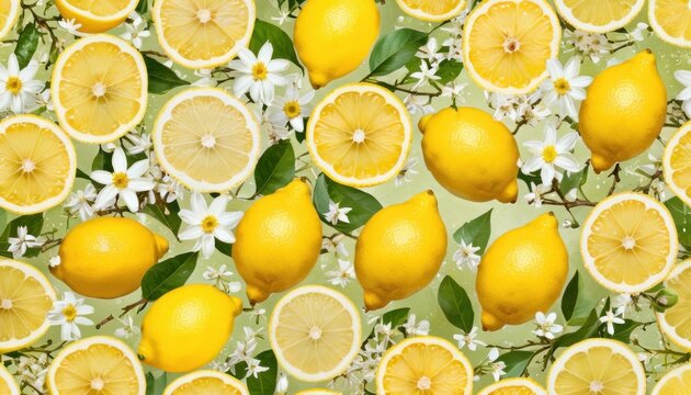  a group of lemons and daisies with leaves and flowers on a green background with white daisies and daisies on the top of the whole lemons.