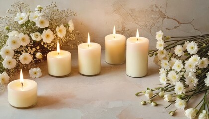  a group of white candles sitting on top of a table next to a bunch of white flowers and a vase with white flowers on the side of a white table.