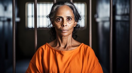 Senior woman in prison uniform sits behind bars in dark prison for criminal acts leaving free life. Fair punishment of perpetrator for prohibited events. Woman angry face and hatred of female - obrazy, fototapety, plakaty