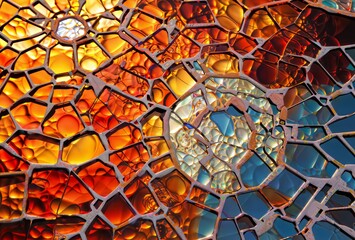 Abstract background of a stained glass window in orange and blue tones