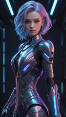 Fototapeta na wymiar Beautiful white hair Girl wearing sci fi dress with pink lights,a woman with purple hair and a futuristic sci suit on posing for picture in a dark room with lights sci ,woman wearing armor suit