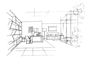 Drawing exterior and interior architectural lines. , Graphic assembly in architecture and interior design work. ,Sketch ideas for interior or exterior designs.