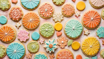  a close up of a bunch of cookies on a table with icing and icing on top of the cookies and icing on the top of the cookies.