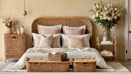  a bedroom with a wicker headboard and a wicker bed with pink and white pillows and pillows on top of the bed and a wicker basket on the bottom of the bed.