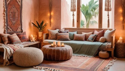  a living room filled with lots of pillows and a couch next to a coffee table with candles on top of it and a rug on the floor next to the couch.