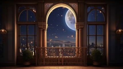 Illustration of amazing moon view in front architecture window on ramadan