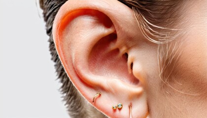  a close up of a person's ear with a pair of ear piercings on the end of the ear and a pair of earrings on the end of the end of the ear. - obrazy, fototapety, plakaty
