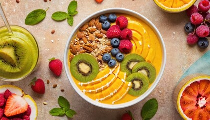  a bowl of oatmeal with kiwis, raspberries, kiwis, oranges, strawberries, and kiwis on a table.