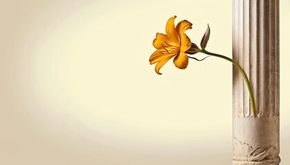  a close up of a flower in a vase on a table with a white wall in the background and a white column with a yellow flower in the foreground.