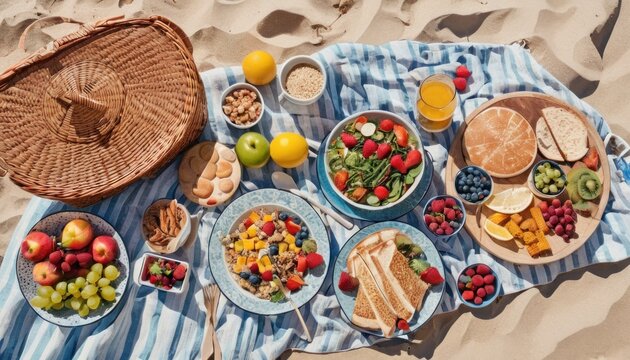  a bunch of food is laying out on a towel on the beach with a basket of oranges, grapes, strawberries, strawberries, and other foods.
