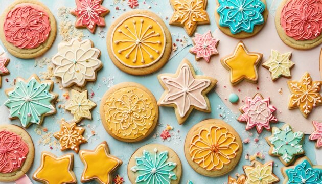  a table topped with lots of different types of cookies on top of a blue tablecloth covered in icing and sprinkled with stars and snowflakes.