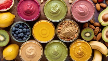  a variety of fruits, nuts, and dips are arranged in a circle on top of a wooden table with a variety of smoothies and smoothies in the middle.