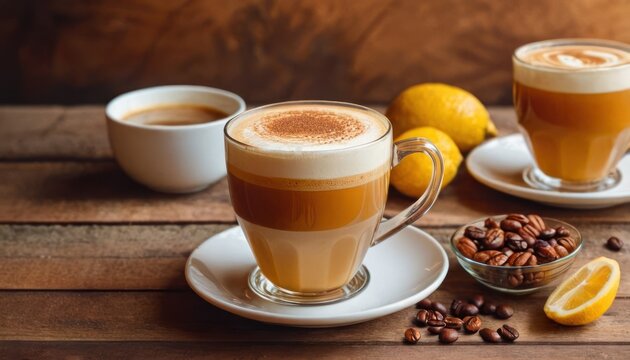  a couple of cups of coffee sitting on top of a table next to lemons and a bowl of coffee beans and a lemon on the side of the table.