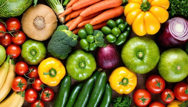 a variety of fruits and vegetables are arranged in the shape of a rainbow of fruits and vegetables, including bananas, tomatoes, broccoli, cucumbers, peppers, bell peppers, and broccoli.