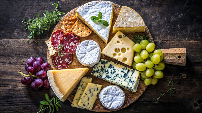 un plateau de fromages Fran&ccedil;ais, bien pr&eacute;sent&eacute;s sur une planche en bois, vu de dessus