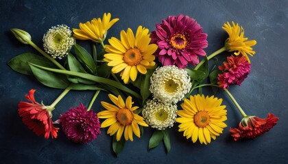  a bunch of flowers sitting on top of a blue table next to each other on top of a black surface with a white and yellow flower in the middle of the middle of the middle.