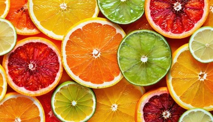  a bunch of oranges, limes, and grapefruits are all cut in half and ready to be used as a background or used as a wallpaper. - obrazy, fototapety, plakaty
