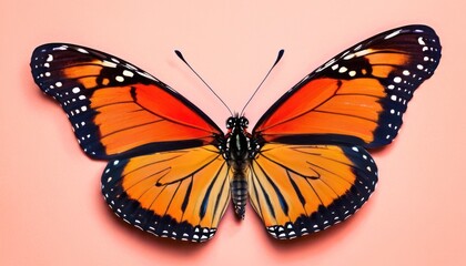  an orange and black butterfly sitting on top of a pink surface with white dots on it's wings and a black and white stripe around the edge of the wings.