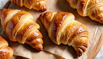  a group of croissants sitting on top of a piece of wax paper on top of a wooden cutting board next to a knife and a wooden spoon.