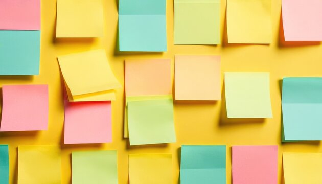  a group of sticky notes pinned to a yellow wall with pastel blue, pink, and yellow post - it notes attached to the side of each post - it. © Jevjenijs
