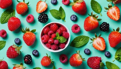  a bowl of strawberries, raspberries, blueberries and raspberries on a blue background with mint leaves and strawberries in the center of the bowl. - obrazy, fototapety, plakaty