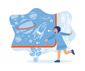 International children's day. A girl in front of her creative scribbles while demonstrating her imagination of becoming an astronaut. Childrens concept. Flat vector illustration.