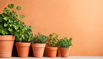 Fototapeta na wymiar a row of potted plants sitting next to each other on top of a white tile floor in front of a orange wall with a green leafy plant in the middle.