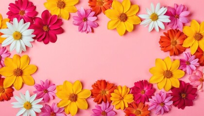  colorful flowers arranged in the shape of a circle on a pink background with a place for the text in the middle of the circle is a circle of the flowers.