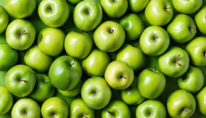  a large pile of green apples sitting on top of a green table next to a green bowl filled with one green apple and the other green apple has a bite taken out of it.