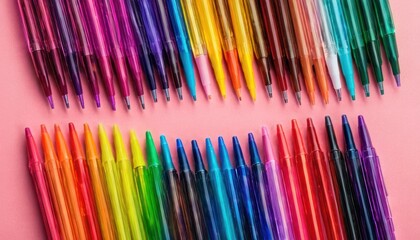  a group of multicolored pens sitting next to each other on top of a pink surface in front of a row of other colored pens on a pink surface.