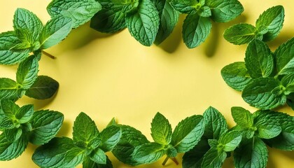  a group of fresh mint leaves arranged in a circle on a yellow background with a place for the text on the left side of the image is a green leaf.