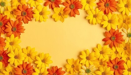  a group of flowers arranged in the shape of a heart on a yellow background with a place for the text in the middle of the photo to be written in the center.