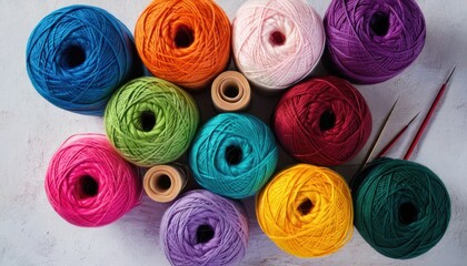  a group of multicolored skeins of yarn next to a pair of knitting needles and a pair of knitting needles on the side of the skeins.