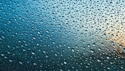  drops of water on a window with a sunset in the backgrouund of the image and a blue sky in the backgrouund of the window.