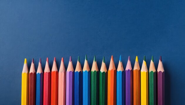  a row of colored pencils sitting next to each other on top of a blue surface with other colored pencils in the bottom half of the row on the top of the row.