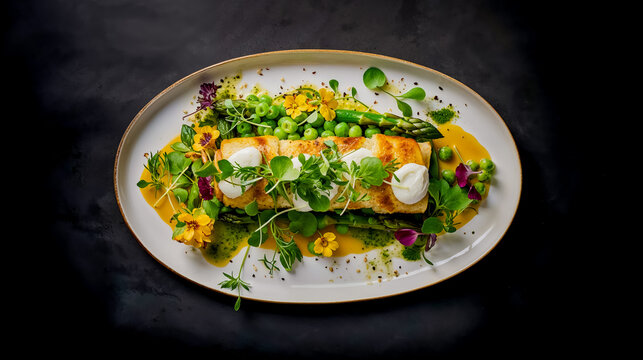 une assiette printani&egrave;re avec cannelloni, asperge et petits pois - bien pr&eacute;sent&eacute; - plat gastronomique