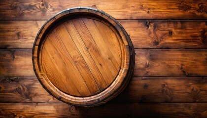 a wooden barrel sitting on top of a wooden wall next to a wall of wood planks and a wall of wood planks behind it is a wooden planked wall.